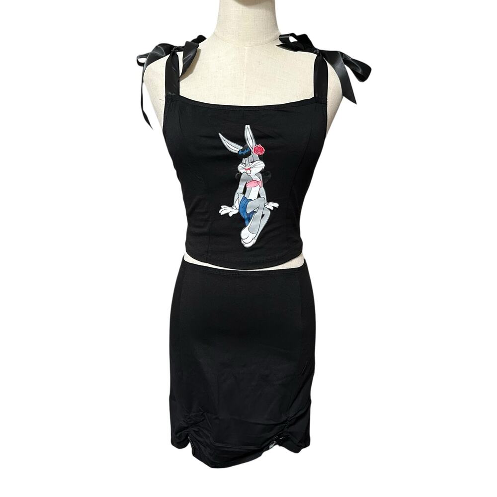 Dolls Kill x Looney Tunes XS Graphic Tie Strap Cami Top & Low Rise Skirt Set
